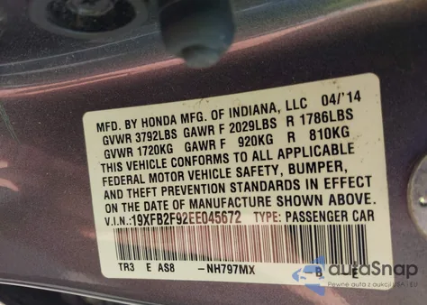 2014 Honda Civic Ex-L z USA, uszkodzony, nr VIN 19XFB2F92EE045672